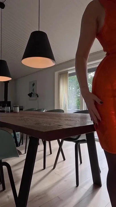 Sexy Curvy Lady in Orange Bodycon Dress and Stockings Filled Missionary with