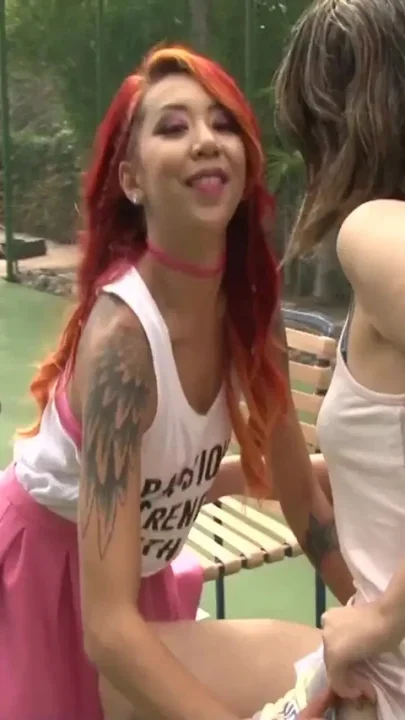 Redhead asian babe enjoy lesbo sex on teenis court