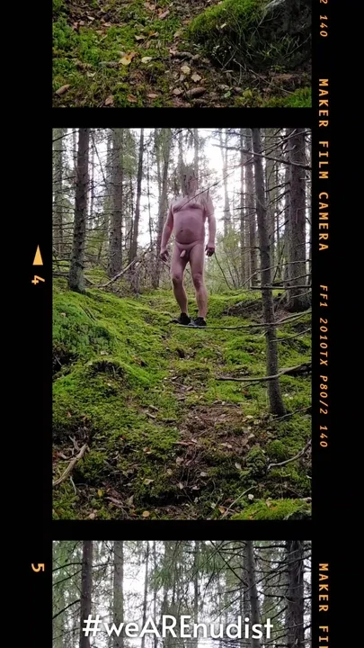 Naked hiker in woods