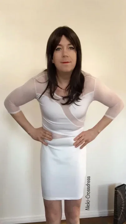 Nicki-Crossdress sexy white Mesh-Dress - small tits