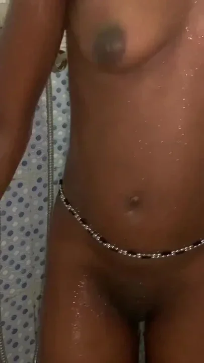Hot petite Ebony babe enjoys Solo Moment in the bathroom caressing her small boobs Clip 1