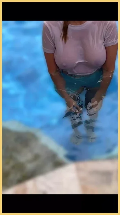Wifey wet shirt in the pool with perfect braless tits