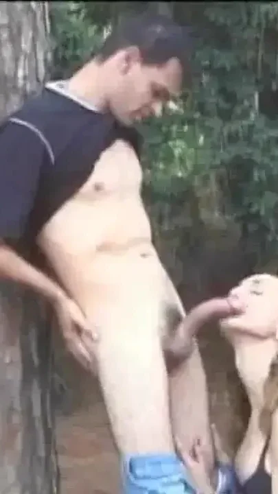 Blonde shemale fucked by Latino twink in forest
