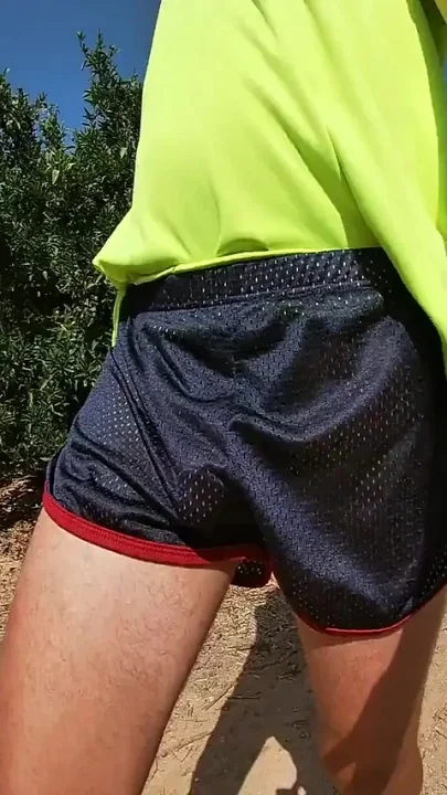So Hot Running with My Erect Cock Out Wearing Shiny See Thru Cock Sport Shorts