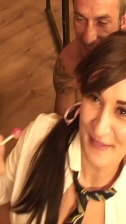 Naughty teen girl has a hot threesome fuck in the living room