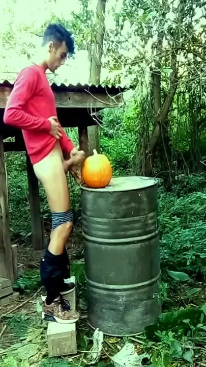 Twink Is Hard Fucking a Pumpkin in the Garden
