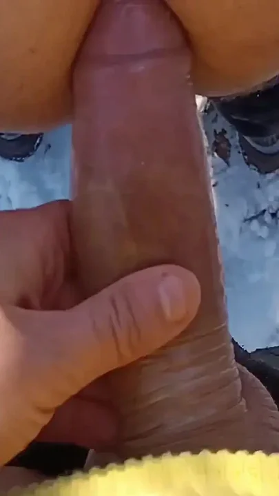 Quickie in Icy Snowy Park Sliding Inside Friend's Ass with Lubed Condom