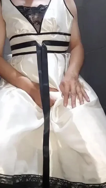 White Satin Dress Fetish Masturbation Clip 1