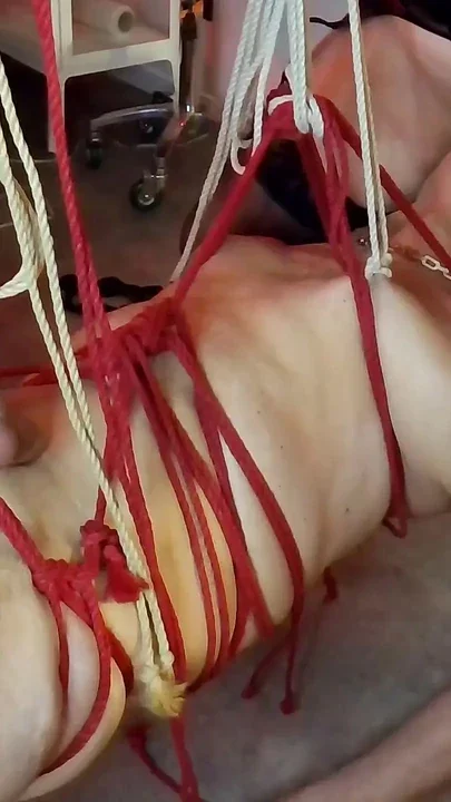 Mistress Acanthus hangs shibari slave licks flogger hanging by and balls Clip 2