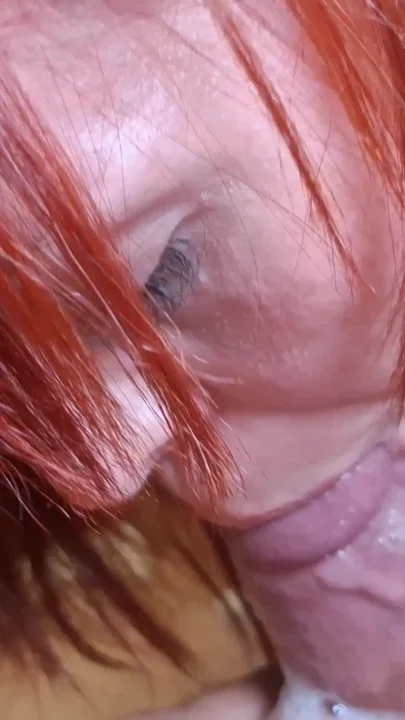 Married redhead sucking her neighbor's cock until she swallows all the 