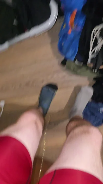 POV desperate accident in red boxers drenching my wool socks and standing in the puddle
