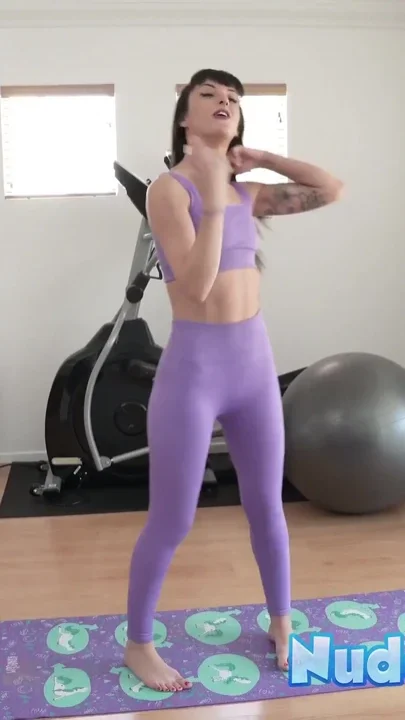 Petite tattooed Charlie Valentine shows yoga skills and masturbates