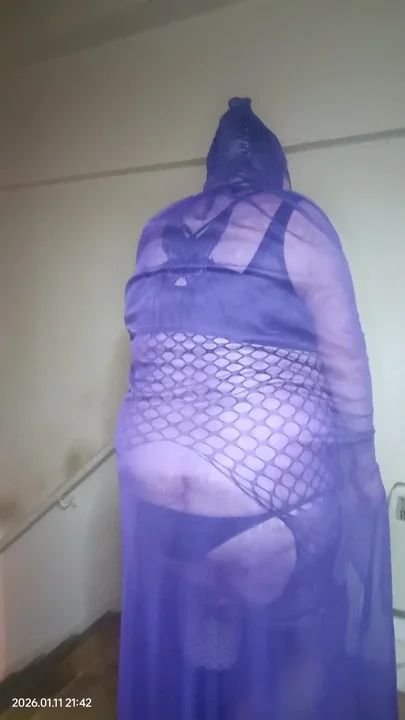 BBW TV in see through cloak and body stocking and leather hood