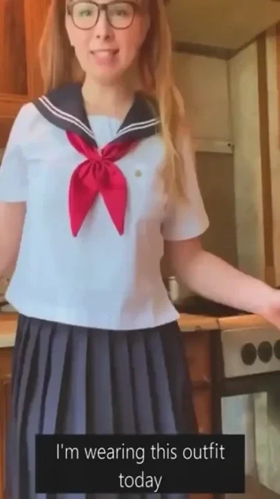 Young Beauty in Japanese College Uniform Masturbates in the Kitchen and Chats with You