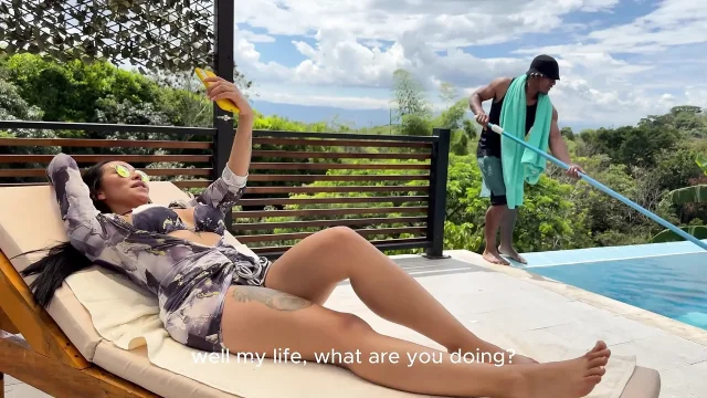 Huge Breasted Latina Brunette Can't Resist Fucking Big Black Cock Guy by the Pool