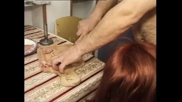 Red hair girl anal fucking in the kitchen