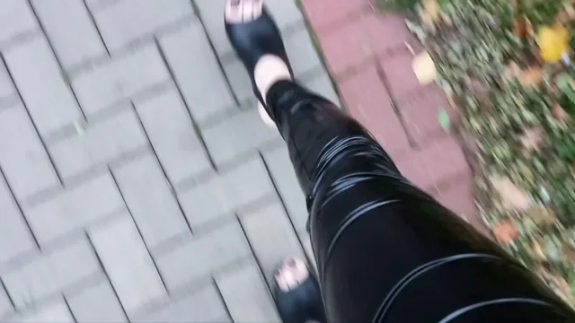 walking in latex leggings - public crossdressing
