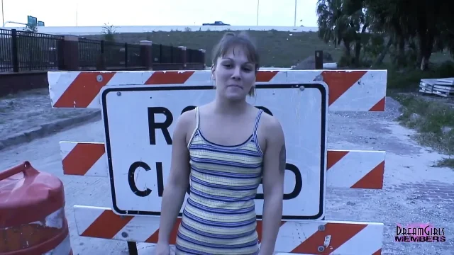 Shy waitress gets naked at a construction site