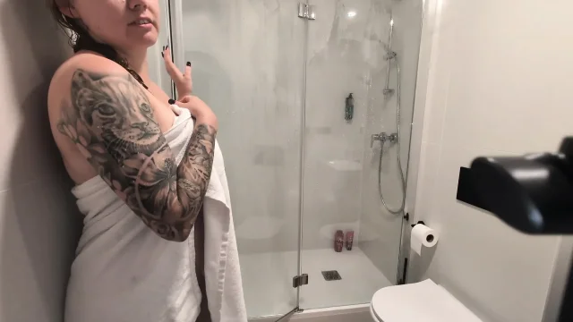 The Girl with Big Tits Takes Shower and Masturbates