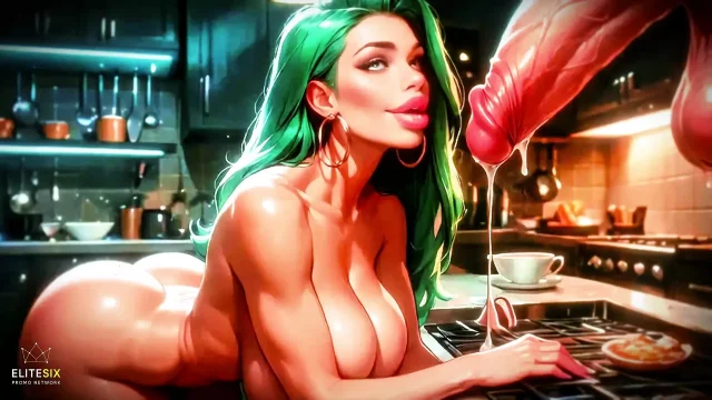Bimbo Green Hair Big Tits Ass Huge Cock Dream Kitchen Tease 100 AI Generated