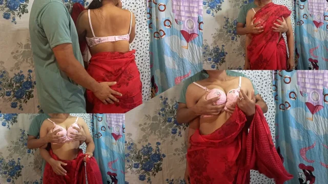 Desi Indian Newly Married Bhabhi Wearing Red Saree and Fucking in Doggy Style by