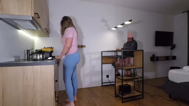 Jerking off while trans step-sister is cooking