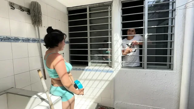 I help my sexy big ass stepsister clean up in the yard in exchange for giving me