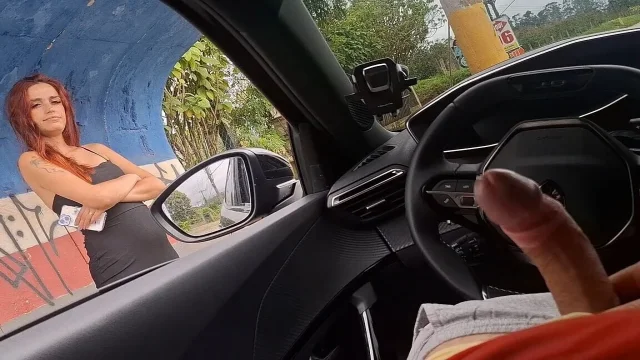 Risky Masturbation in the Car with a Hot Girl at the Bus Stop in Public