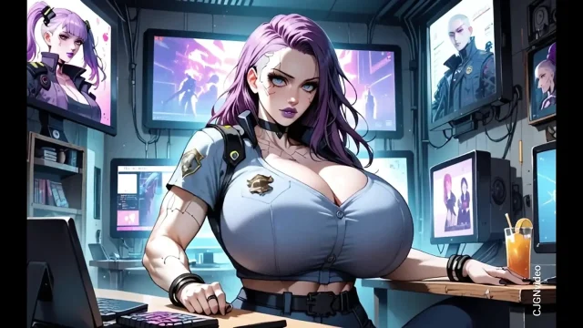 Cyberpunk police woman undress Ai animation