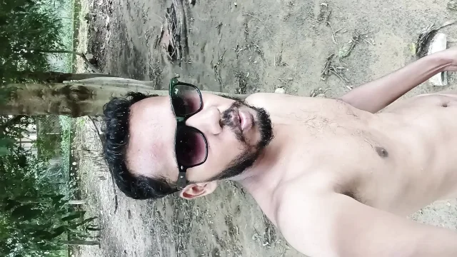 Enjoying in Forest with massaging my black monster cock