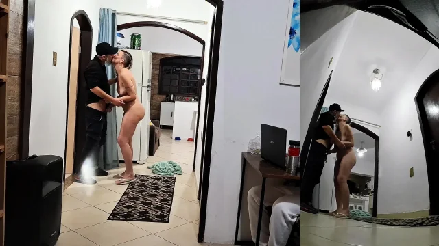 Real wife cheats on her husband while he's wearing headphones with the delivery man