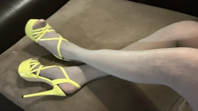Fluro yellow high heels that I fuck with my hard cock while I am wearing sexy lingerie