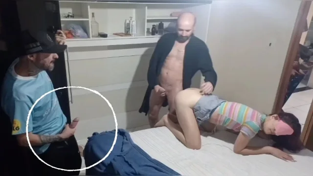 prank with Wife Wife Blindfolded and Horny Friend Hides Inside the Wardrobe