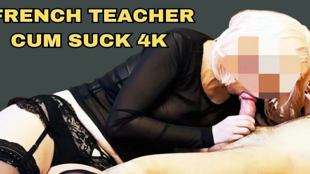 Step Sister French Teacher Blonde Wig Stockings Sloppy Blowjob Deepthroat Cum