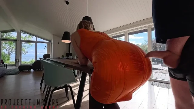 Sexy Curvy Lady in Orange Bodycon Dress and Stockings Filled Missionary with