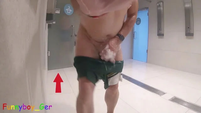 Wet and soapy games with my shaved thick foreskin cock in a public shower room