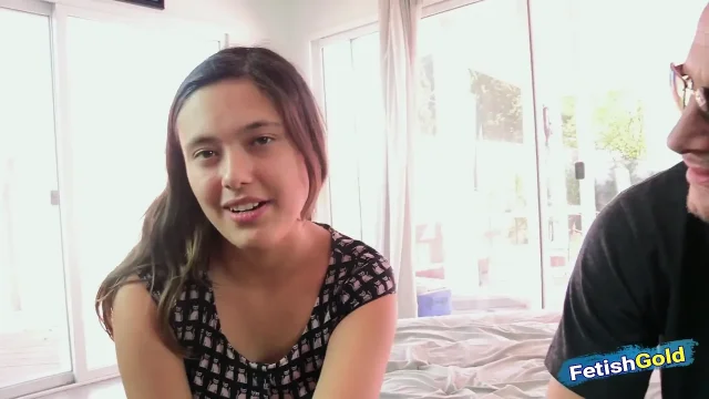Brunette teen gets her tight pussy hammered by tattooed guy into her first porn scene
