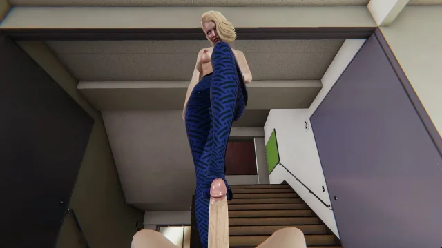 Hot Ms Davidson Handjob And Footjob In Her Blue Leggins Service Make Big Dick