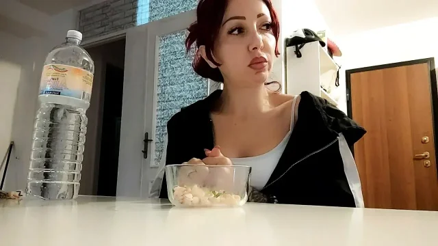 Lots of big burps while she eats for the beautiful redhead