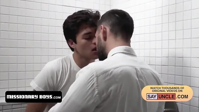 Cute innocent boys bang in the bathroom