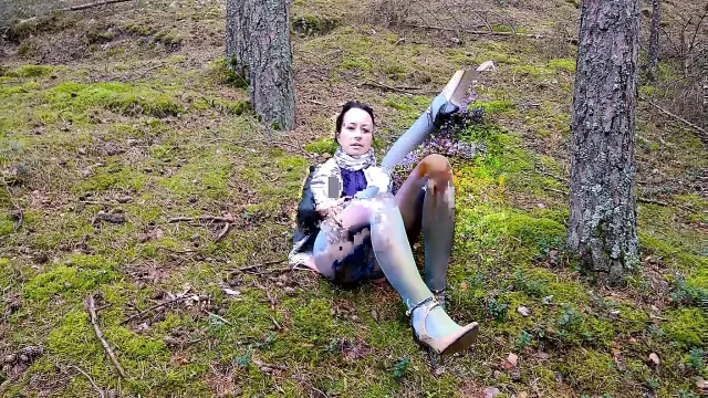 Golden Showers in The Deep Woods While Dressed in Glossy Blue Crotchless Pantyhose