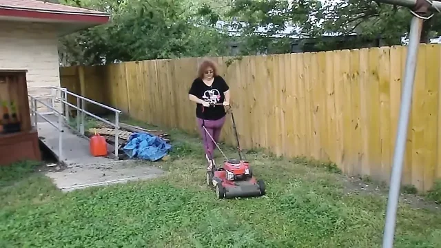 Nurse Vicki Mowing Grass dressed then topless