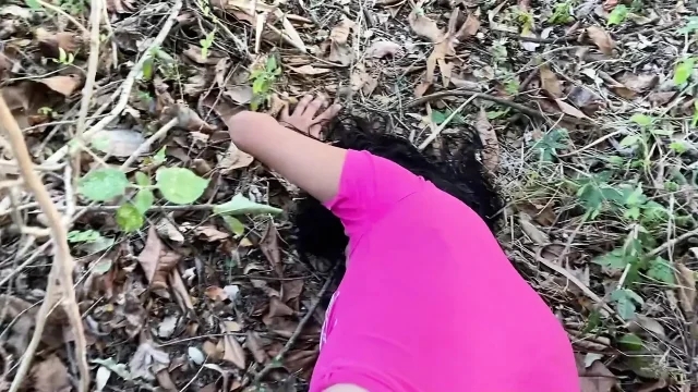 I find her outdoors and running inside a girl in the woods