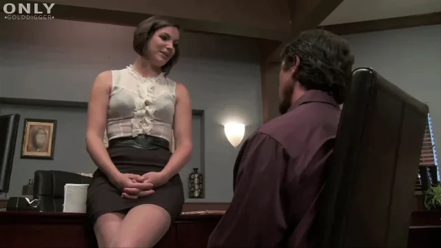 Horny brunette in lingerie gets fucked by her boss and eats his cum