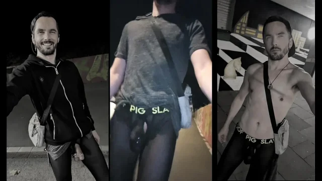 Walking Through the City in See-through Leggings bulge Meggings