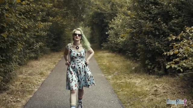Naughty college girl walks in the notorious woods full of flashers
