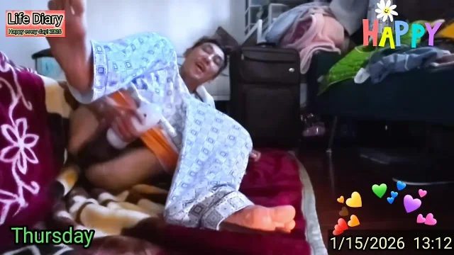 Happily touching the penis