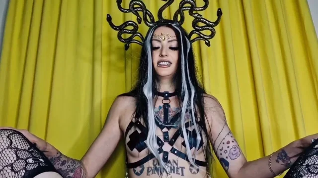 Halloween pegging video Medusa the Gorgon fucks her slave in a chastity belt in