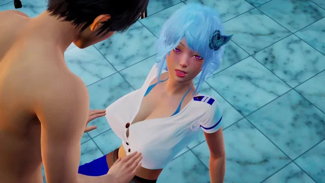Anime Girl Sinwe with Hot Blue Hair in 3D Hentai - Indulge in Big Tits Massage