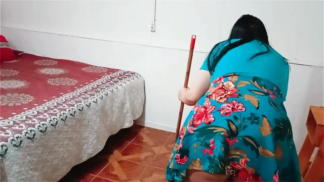 Stepmother caught sweeping is fucked by her stepson